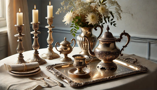 Elegant table setting featuring vintage sterling silver tray, candlesticks, teapot, and a silver vase with fresh flowers, highlighting the timeless appeal of sterling silver decor