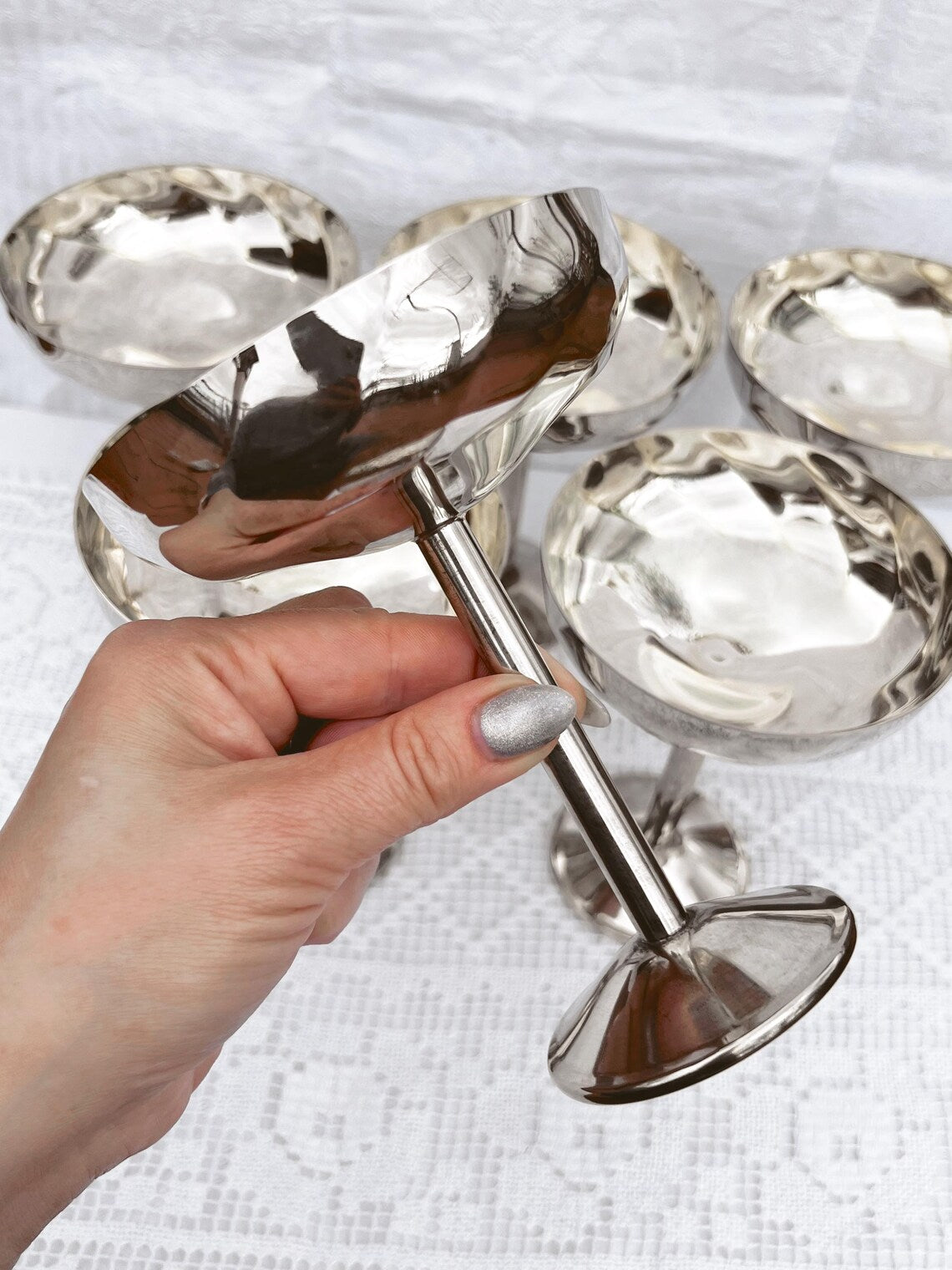 Set of 6 Vintage Silver-Plated Champagne Coupes – Silverplated Cocktail Glasses, Great Gatsby Barware