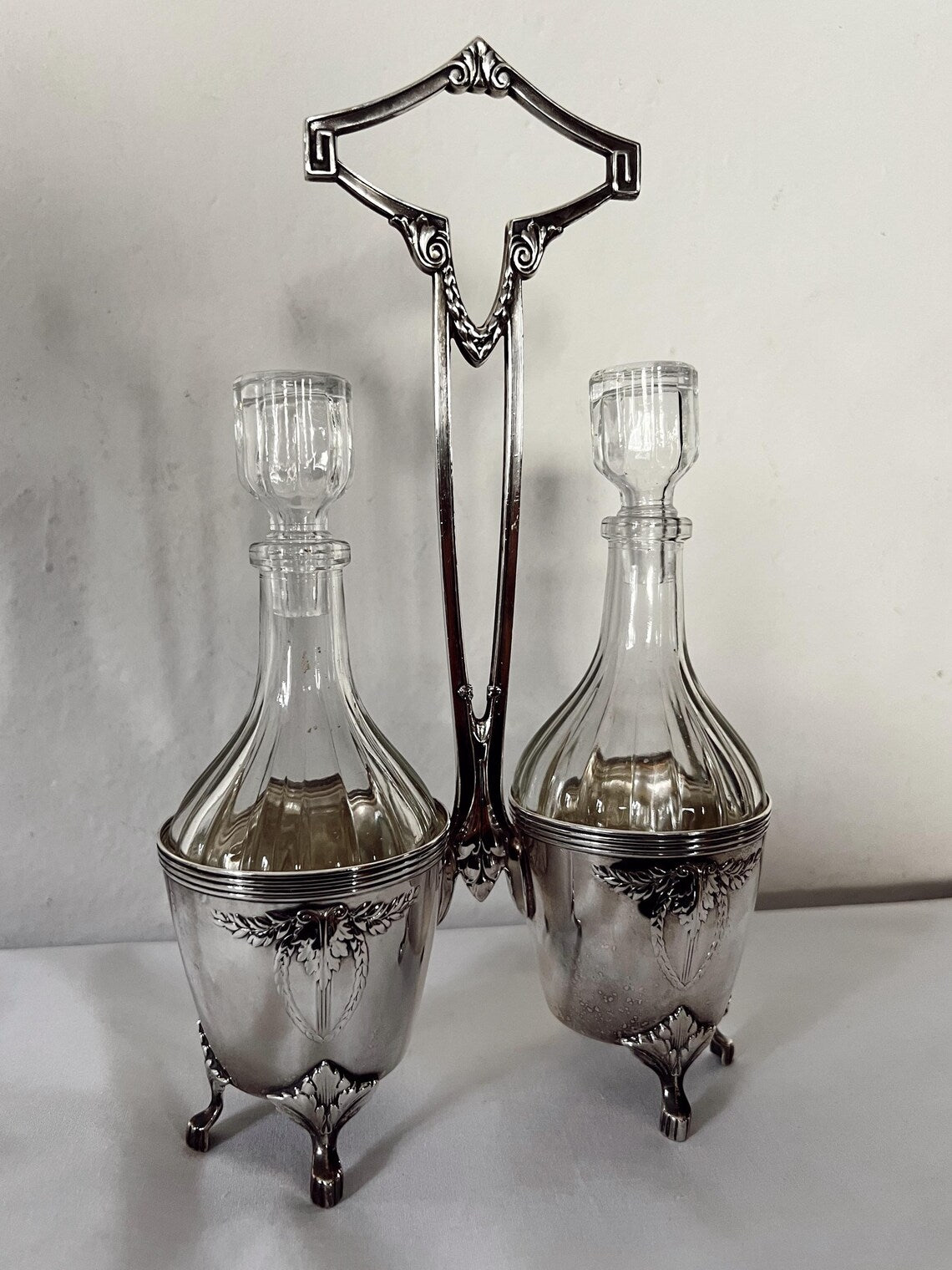 Vintage Silver Plated Oil and Vinegar Cruet Set With Glasses Bottles | Italy