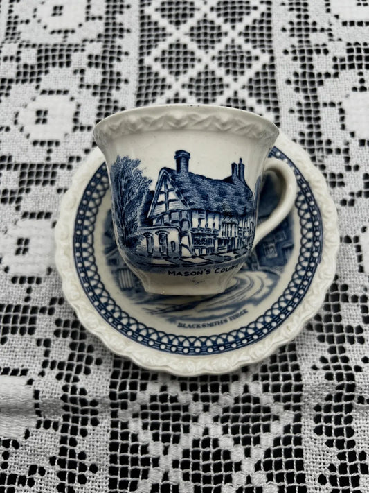 Antique Myott Son and Co. “Shakespeare Land” Blue & White Cup and Saucer – English Staffordshire Ironstone, 1930s