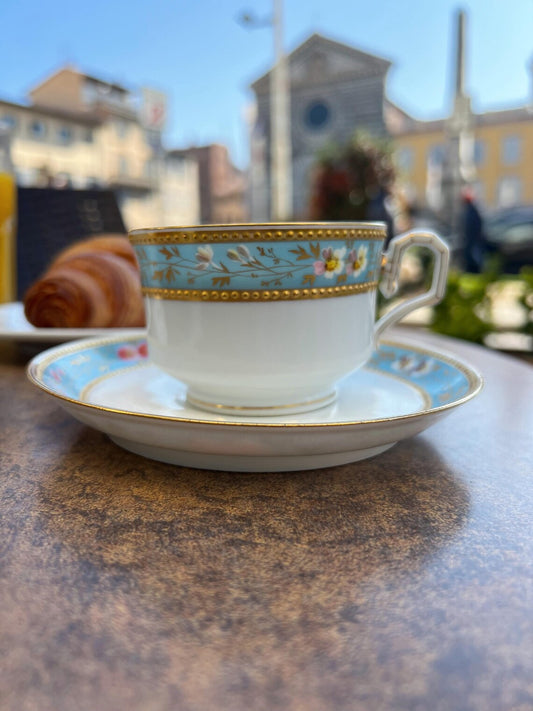 Antique Art Deco Porcelain Tea Cup and Saucer – Hand-Painted, Gold & Blue, Bone China (1920s)