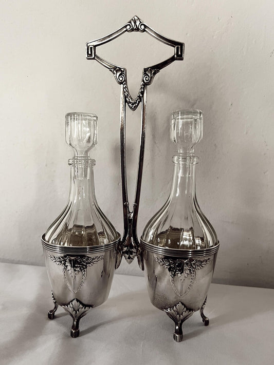 Vintage Silver Plated Oil and Vinegar Cruet Set With Glasses Bottles | Italy