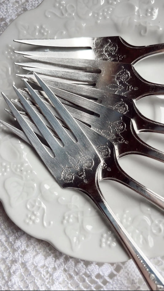 Rare 1920s Community Plate Grosvenor Silver Dessert Forks – Set of 6 Art Deco Vintage Silverplate Flatware – Elegant Floral Pattern