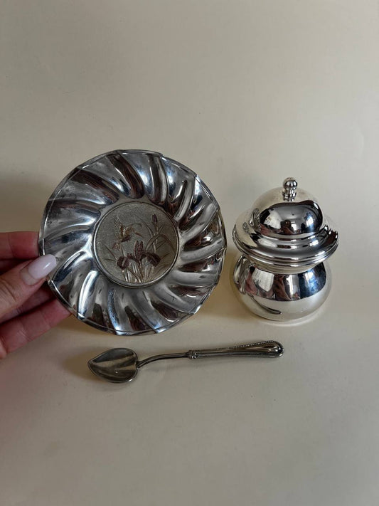 Set: Sugar Bowl, Plate, and Teaspoon - Vintage Italy
